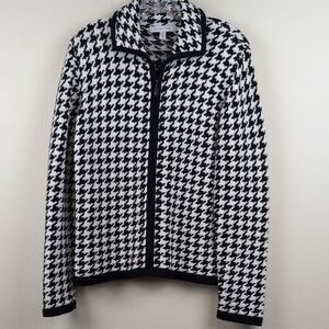Northern Isles Black & White Houndstooth Zip Front Cotton Knit Cardigan Size L